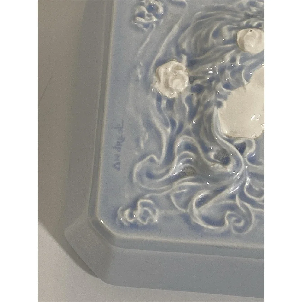 Vintage Pastel Blue Andreoli Art Nouveau Ladies Head Lidded Trinket Dish‎